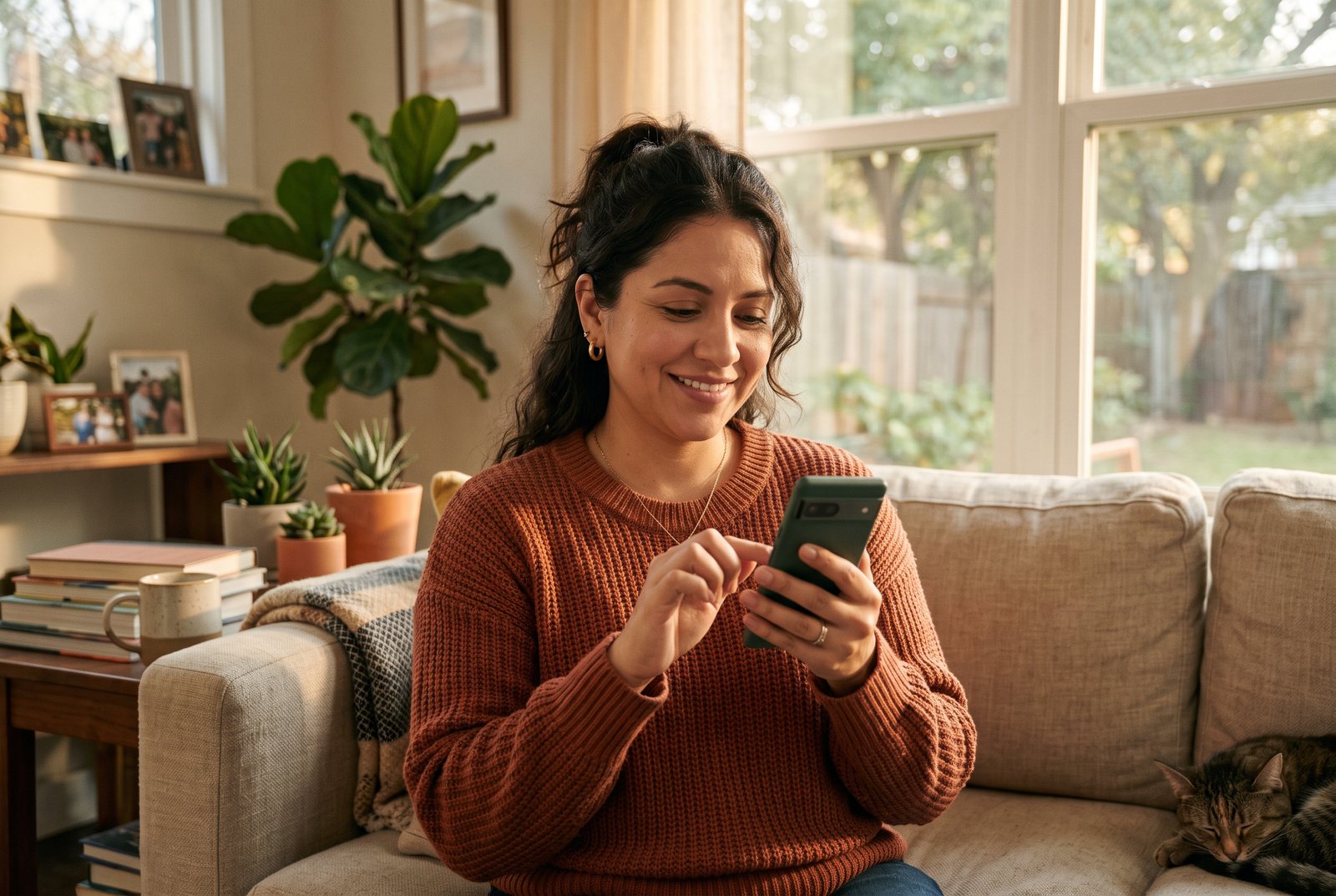 Mujer escribiendo su situación por WhatsApp desde su casa