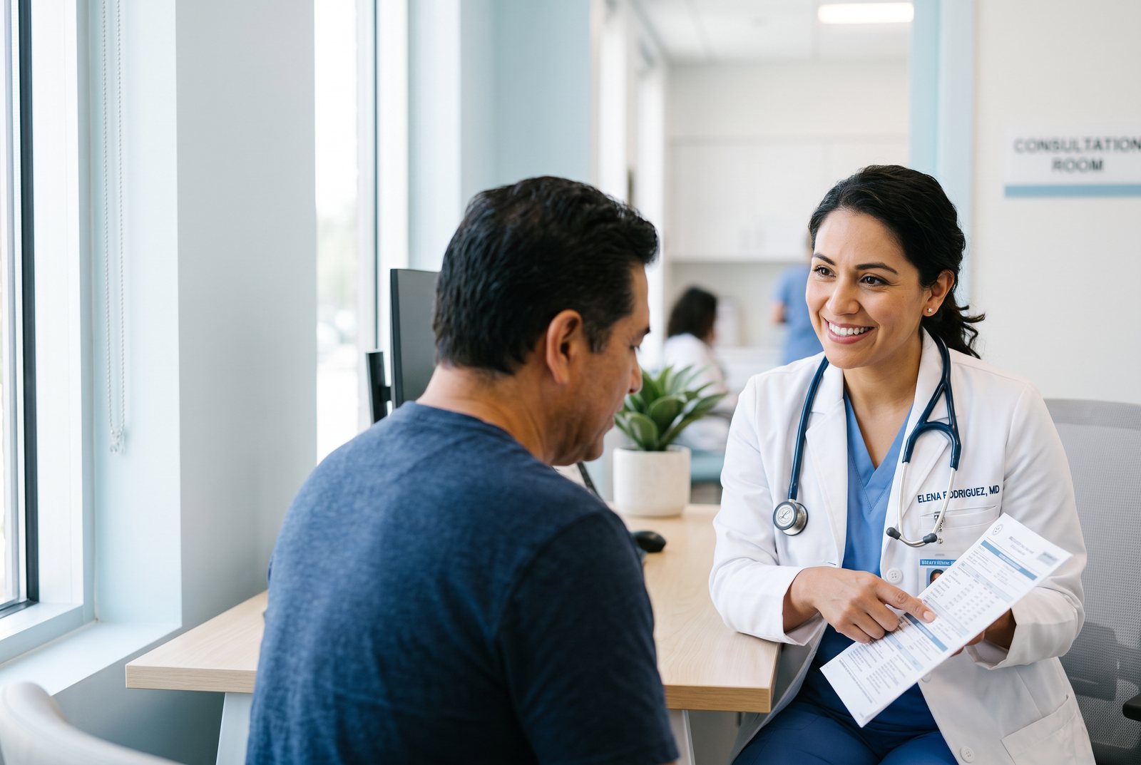 Doctora orientando a un paciente sobre su seguro de salud
